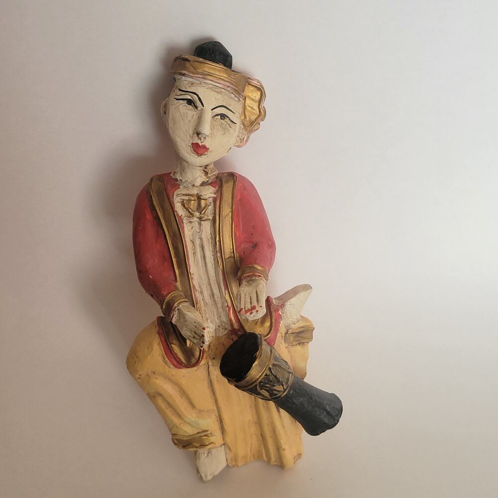 Vintage 9.5"in. Hand Carved Thai Wooden Musician Wall Hanging Made Thailand Red